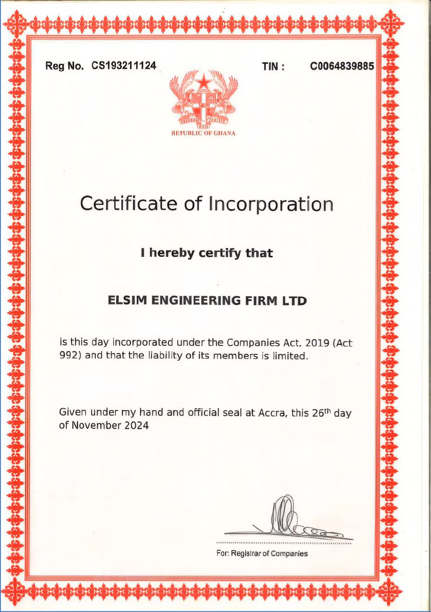 Certificate of Incorporation for ELSIM Engineering Firm Ltd issued by the Registrar General's Department, Republic of Ghana. Registration number CS193211124.