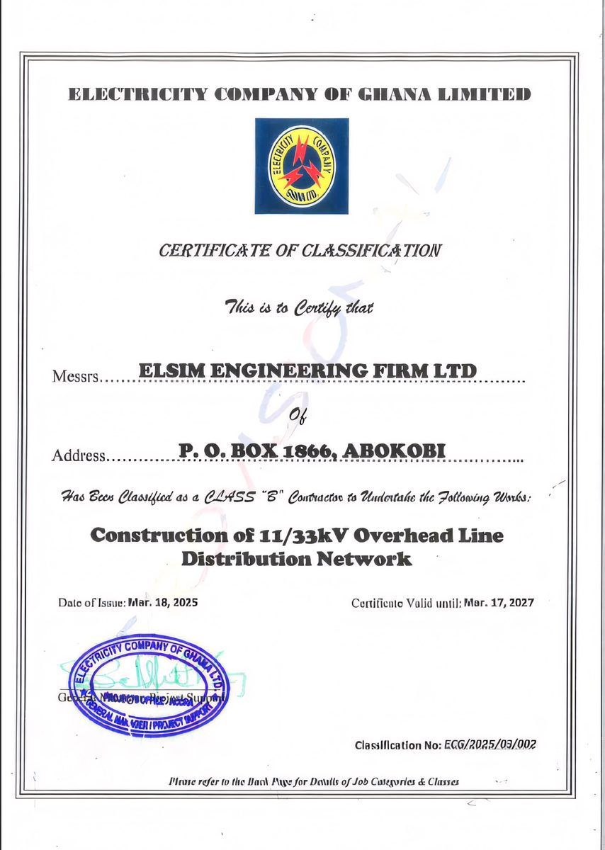 Electricity Company of Ghana Class B Electrical Installation Contractor classification certificate for ELSIM Engineering Firm Ltd.