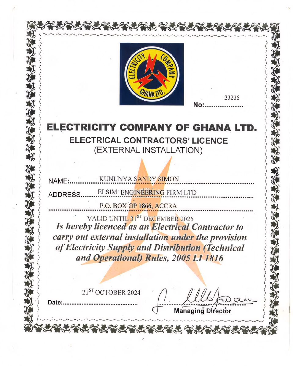 Electricity Company of Ghana Electrical Contractors' Licence (External Installation) No. 23236 for ELSIM Engineering Firm Ltd, held by Kununya Sandy Simon. Valid until 31 December 2026.