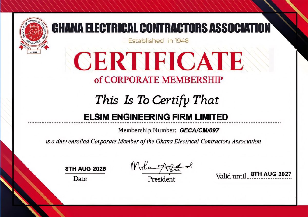 Ghana Electrical Contractors Association Certificate of Corporate Membership for ELSIM Engineering Firm Limited. Membership No. GECA/CM/097. Valid until 8 August 2027.