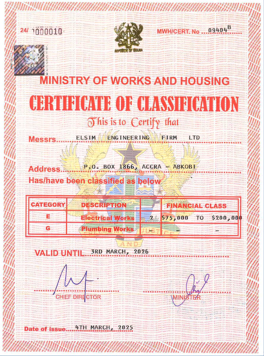 Ministry of Works and Housing Certificate of Classification for ELSIM Engineering Firm Ltd — Category E Electrical Works, Financial Class 2.