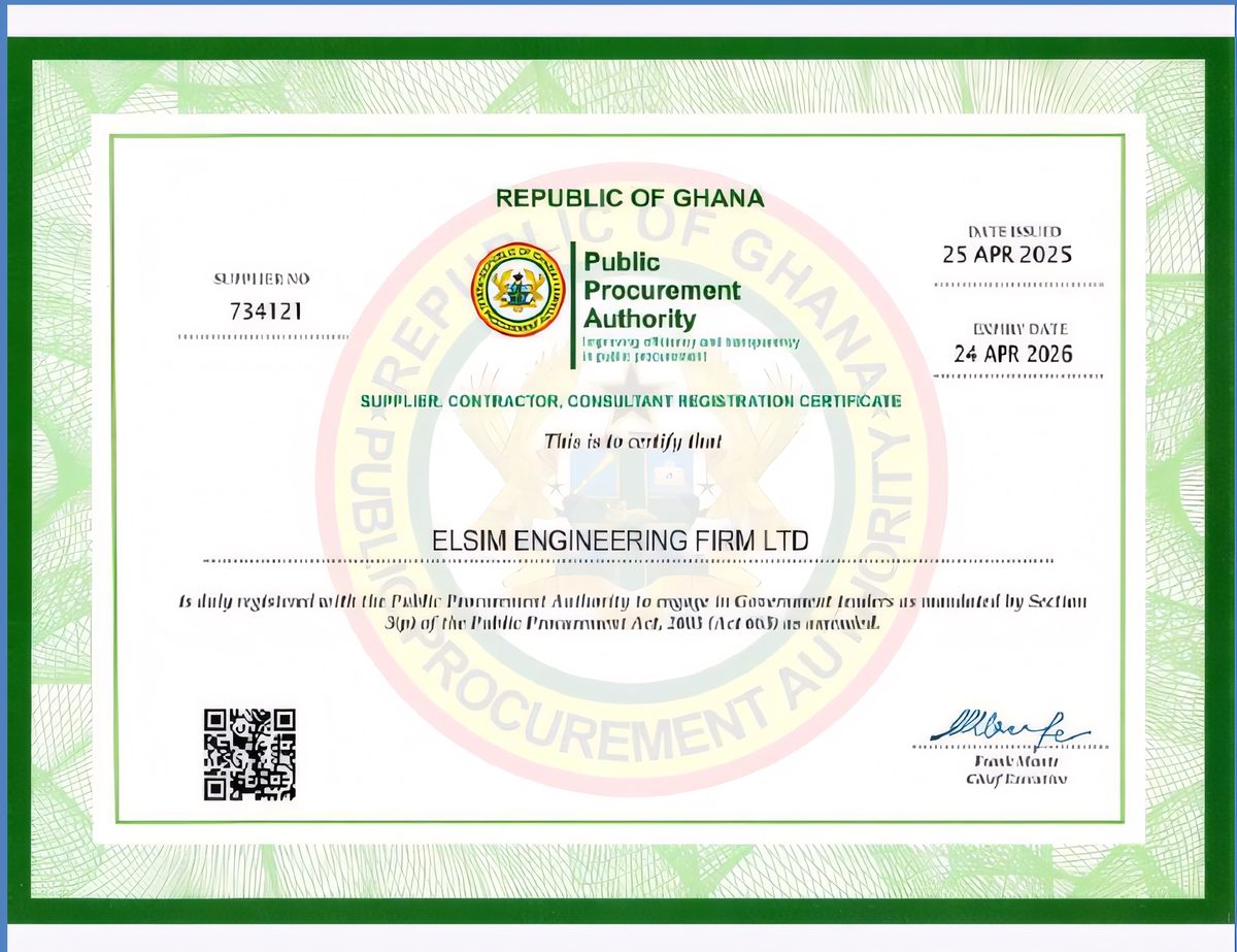 Public Procurement Authority supplier registration certificate for ELSIM Engineering Firm Ltd.