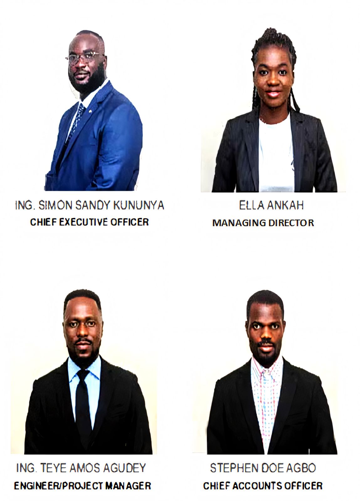ELSIM Engineering leadership: Ing. Simon Sandy Kununya, Chief Executive Officer; Ella Ankah, Managing Director; Ing. Teye Amos Agudey, Engineer and Project Manager; Stephen Doe Agbo, Chief Accounts Officer