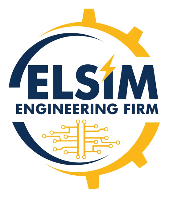 ELSIM Engineering Firm logo — navy gear ring with gold circuit mark