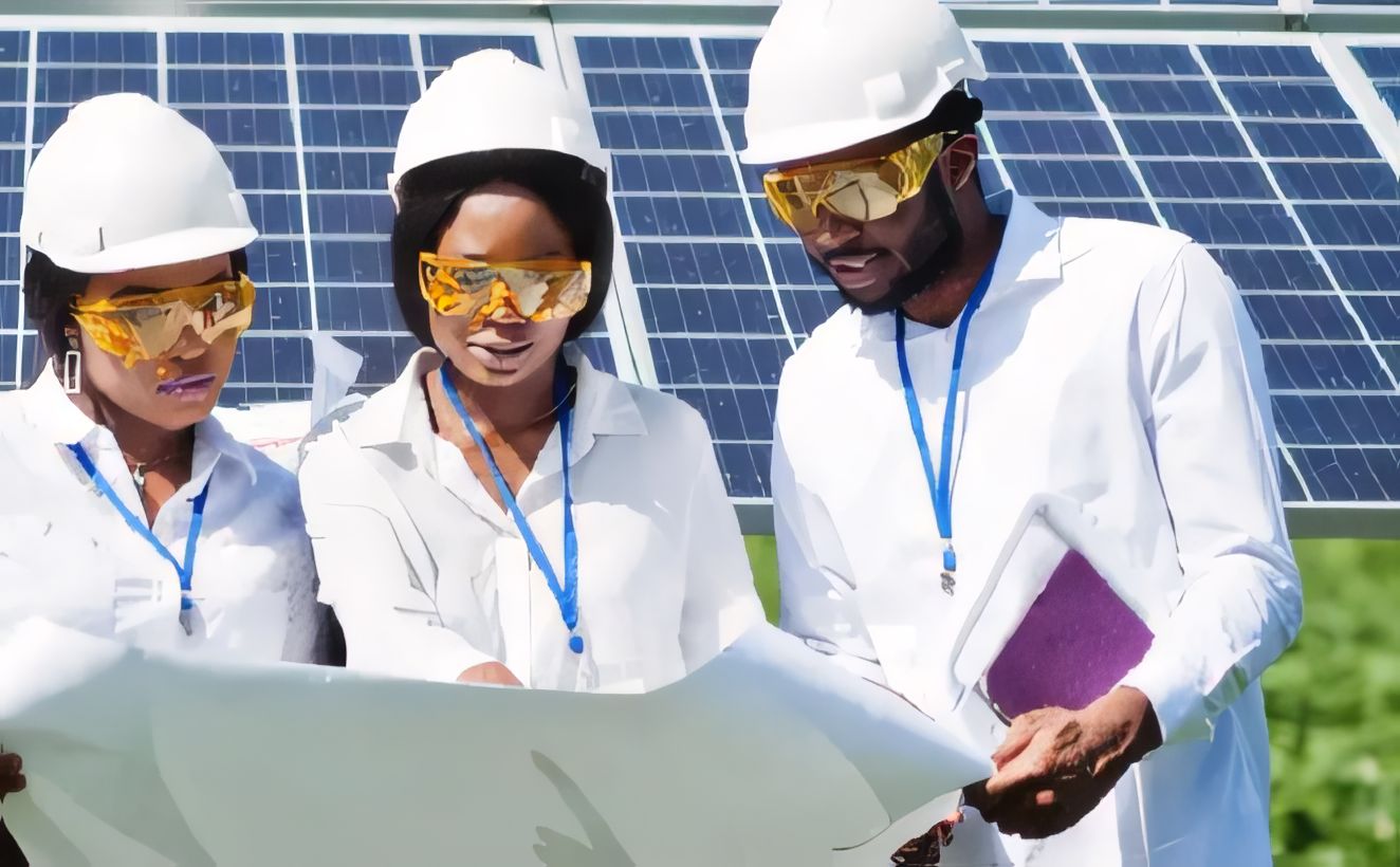 Three ELSIM engineers in white hard hats and safety glasses reviewing drawings in front of a solar array